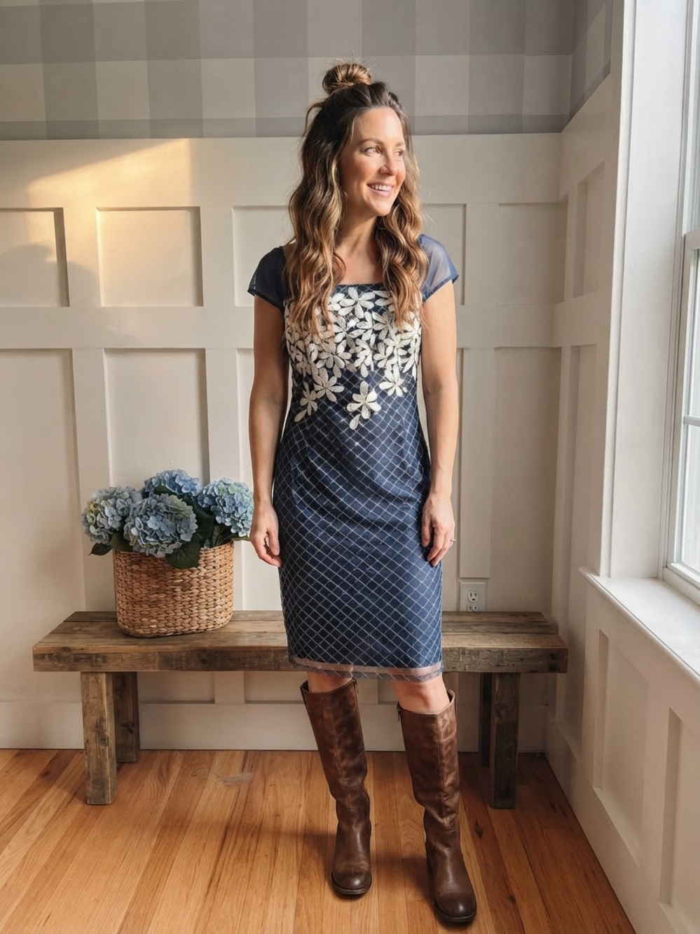 Adrianna Papell Navy Dress with Cream Floral Appliqué